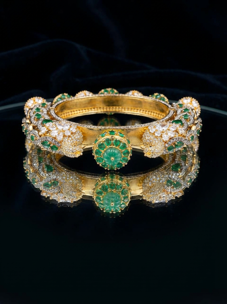 Handcrafted Royal Peacock & Emerald Jhumka Statement Kada