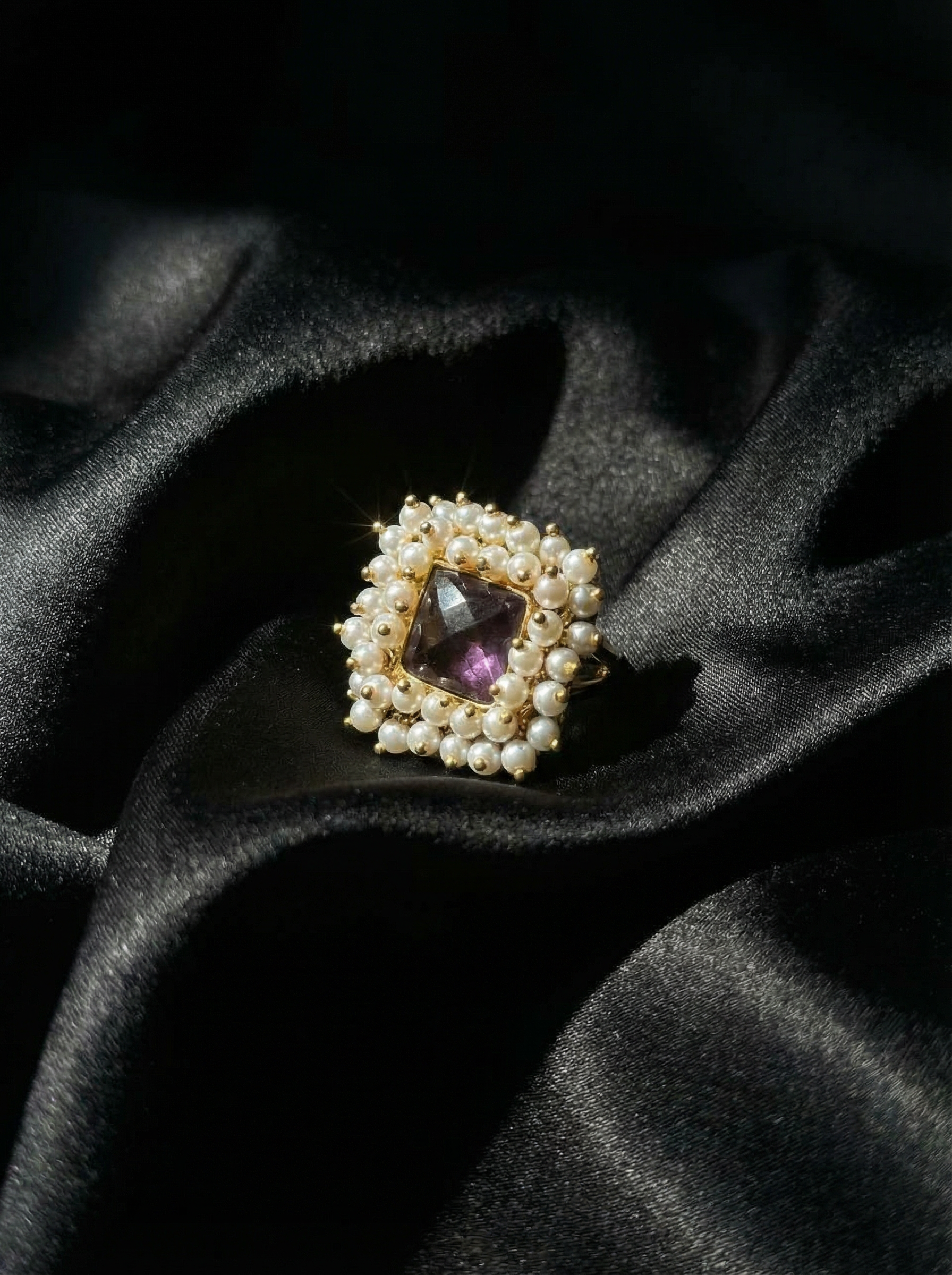 The "Imperial Bloom" Handcrafted Ring – Amethyst & Double Pearl Halo Statement Piece