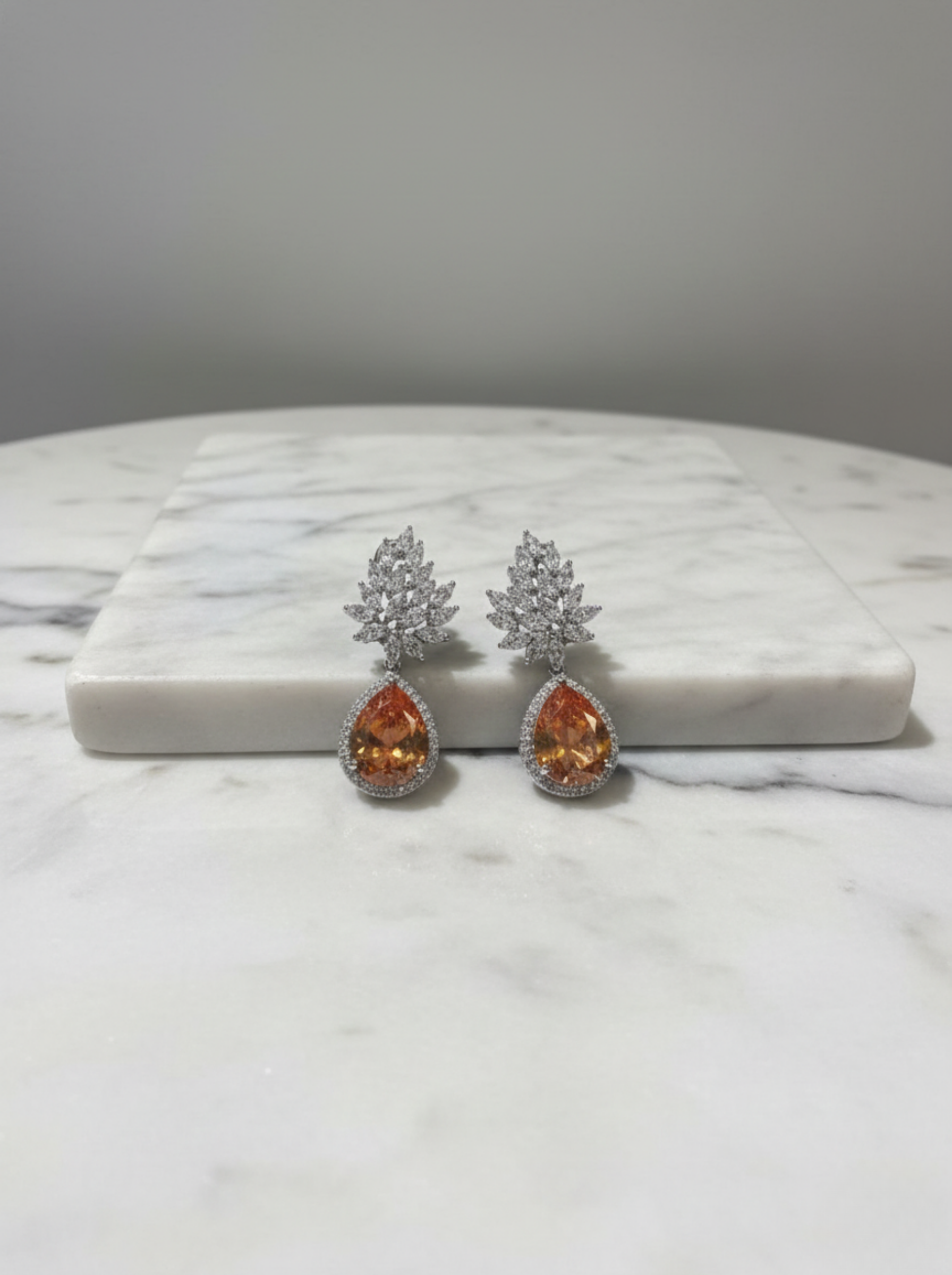Handcrafted Amber-Hued Citrine & Diamond Leaf Drop Earrings