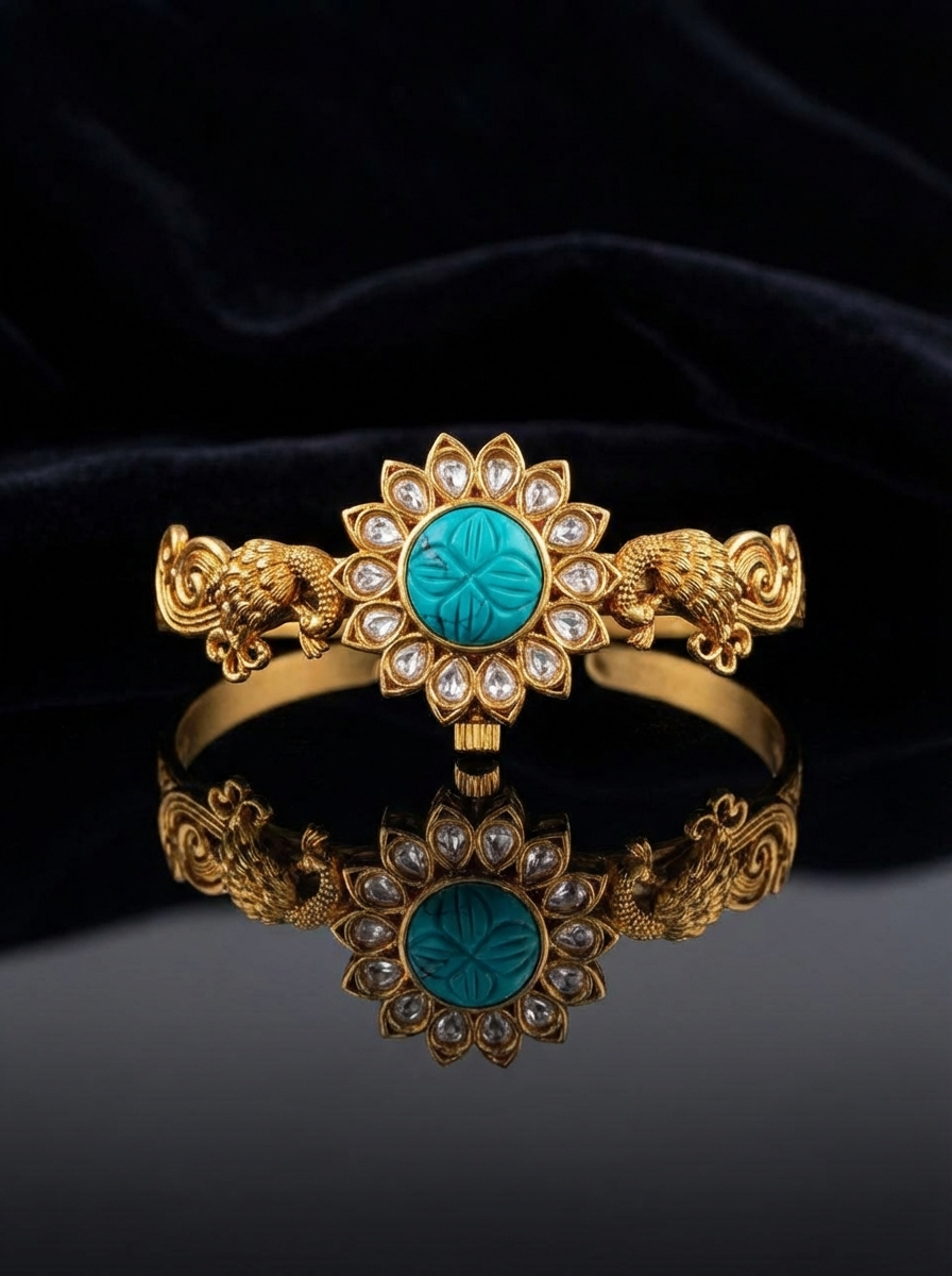 Handcrafted Floral Turquoise & Polki Peacock Kada Bracelet