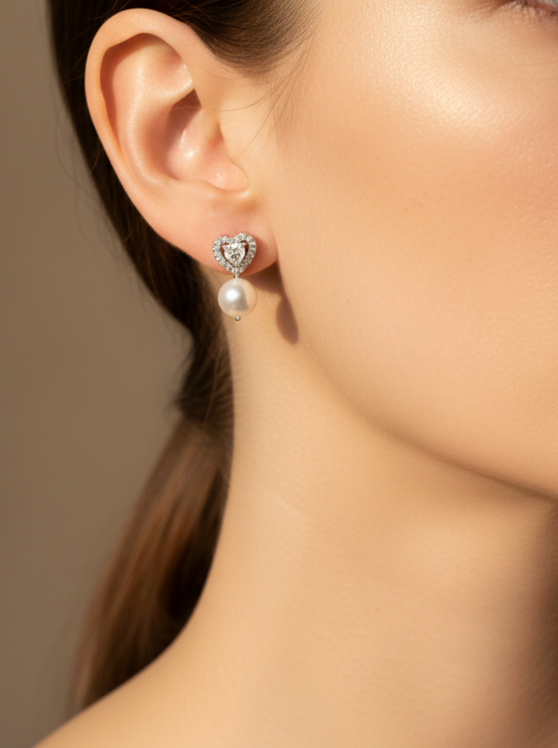 Artisan Heart-Cut Diamond Studs with Classic Pearl Drops