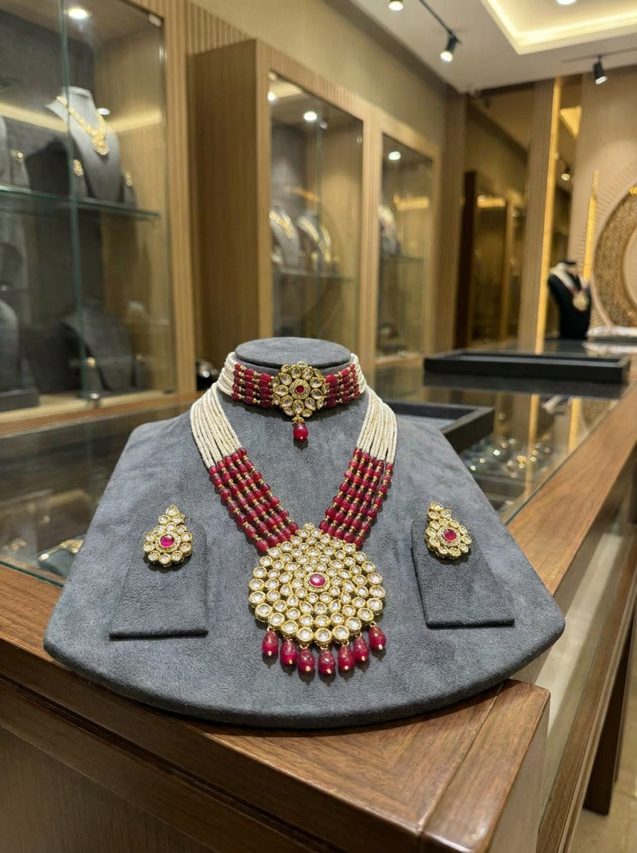 Empress Handcrafted Jadau Kundan Set – Layered Seed Pearl & Ruby Red Bead Necklace with Matching Choker & Earrings