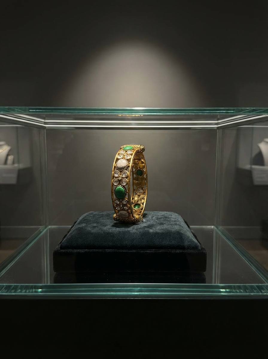 Handcrafted Royal Antique Gold Kada Bracelet with Green & Marbled Stones