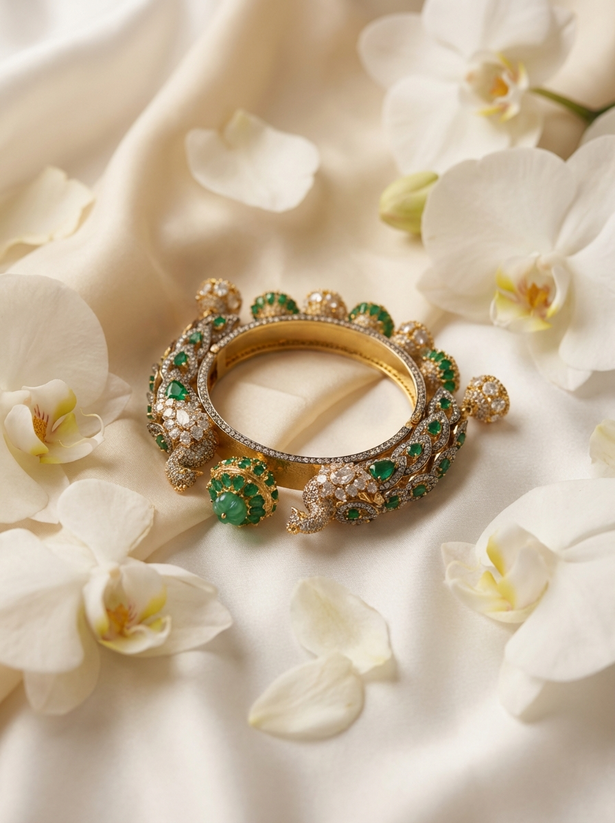 Handcrafted Royal Peacock & Emerald Jhumka Statement Kada