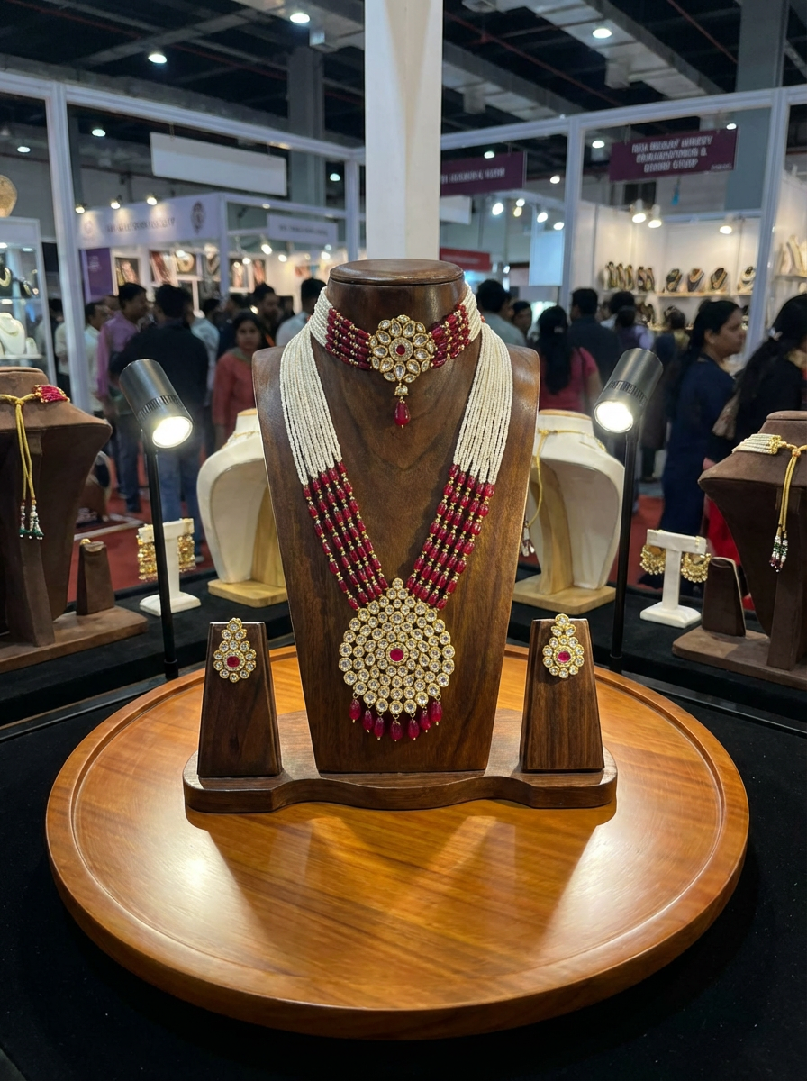 Empress Handcrafted Jadau Kundan Set – Layered Seed Pearl & Ruby Red Bead Necklace with Matching Choker & Earrings