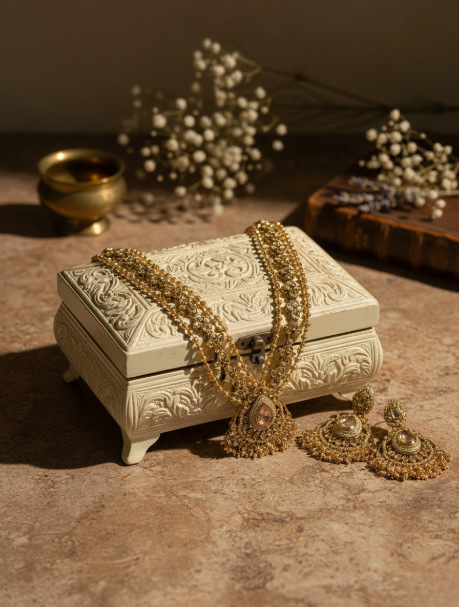 Imperial Heritage Handcrafted Rani Haar – Champagne Kundan & Seed Pearl Layered Jewelry Set