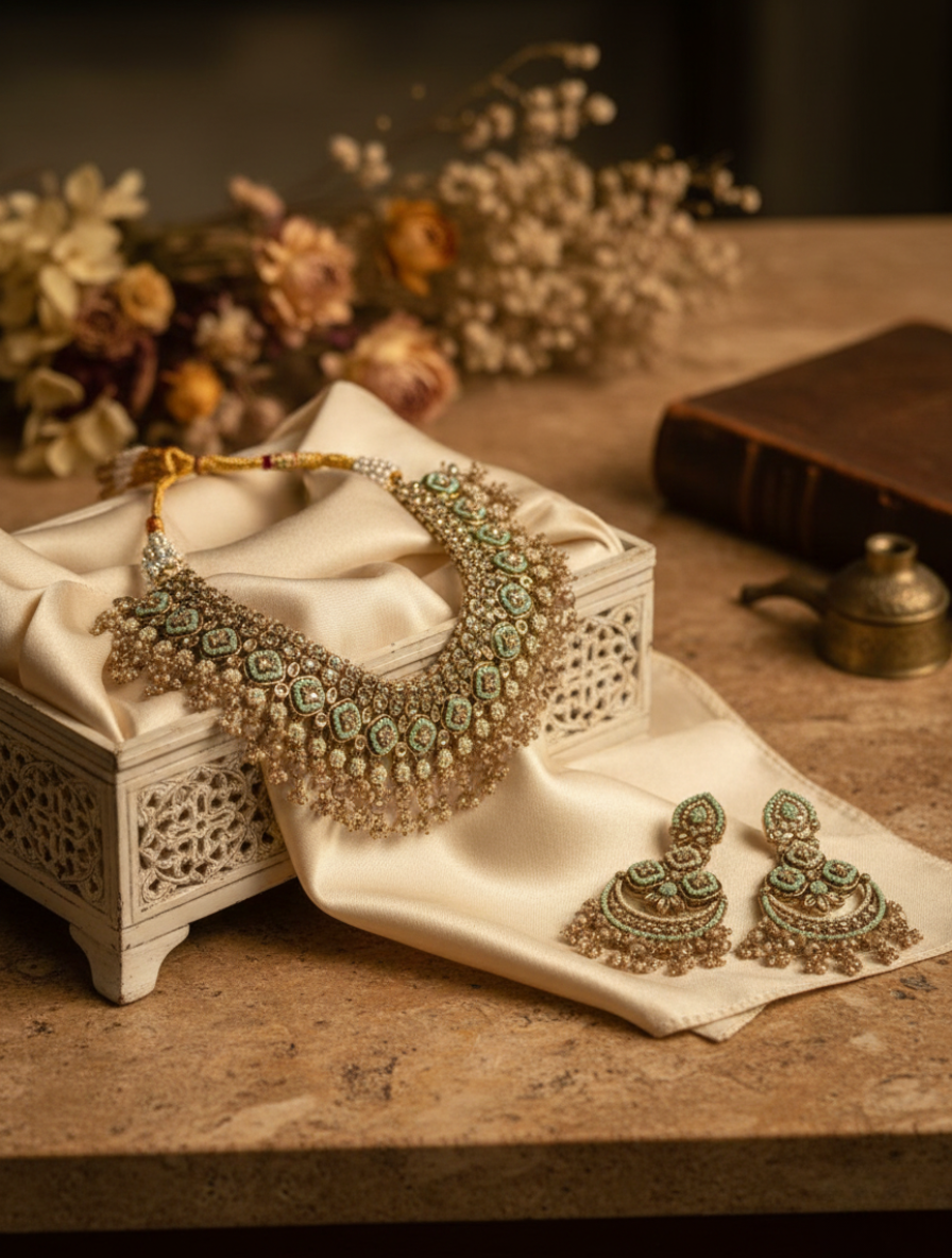 Heritage Mint & Polki Choker Set – Handcrafted Meenakari Chandbalis with Natural Amazonite