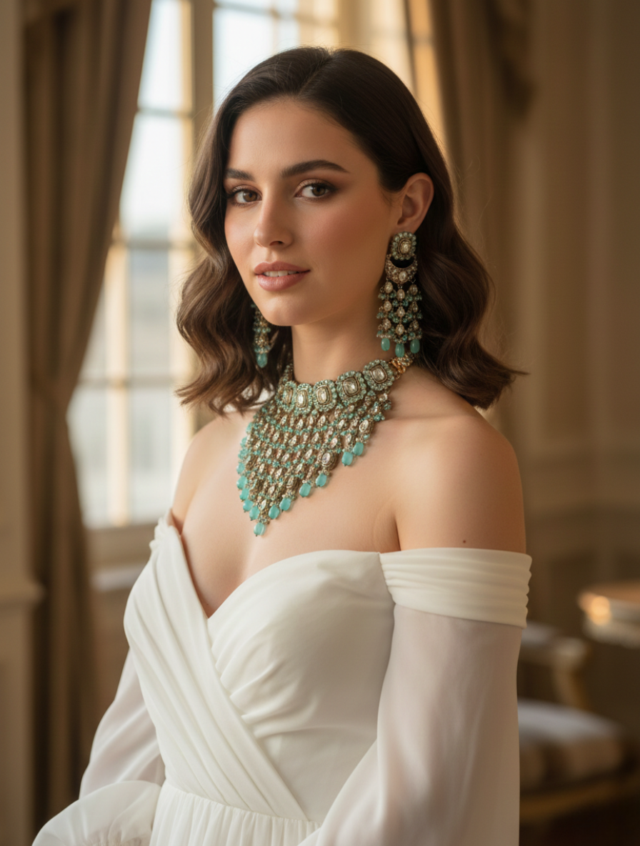 Empress Mint: Handcrafted Kundan & Mint Aventurine Choker Set with Chandbali Drops