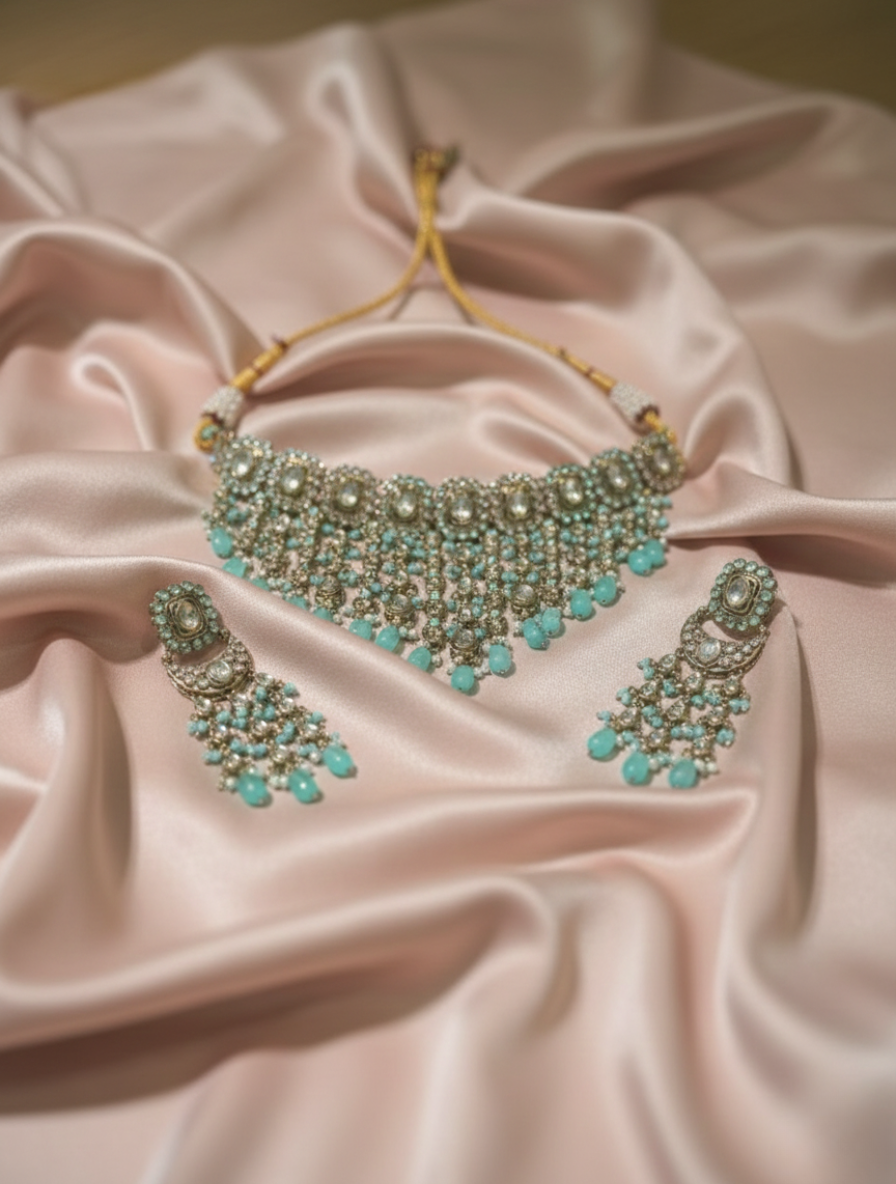 Empress Mint: Handcrafted Kundan & Mint Aventurine Choker Set with Chandbali Drops