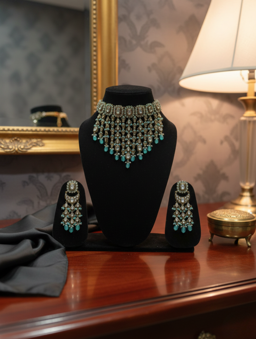 Empress Mint: Handcrafted Kundan & Mint Aventurine Choker Set with Chandbali Drops