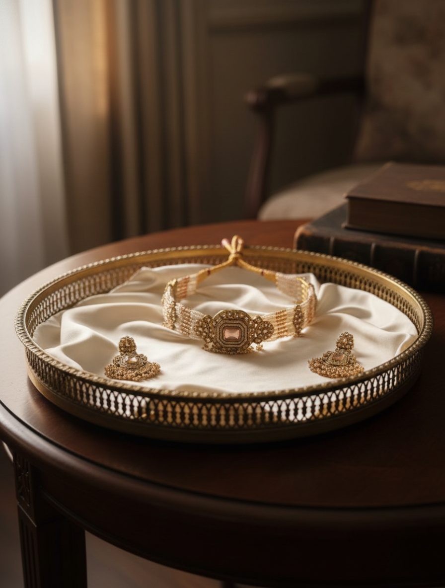 Handcrafted Kundan & Pearl Choker Set – Vintage Hyderabadi Jadau Jewelry with Rose Quartz Healing Stone