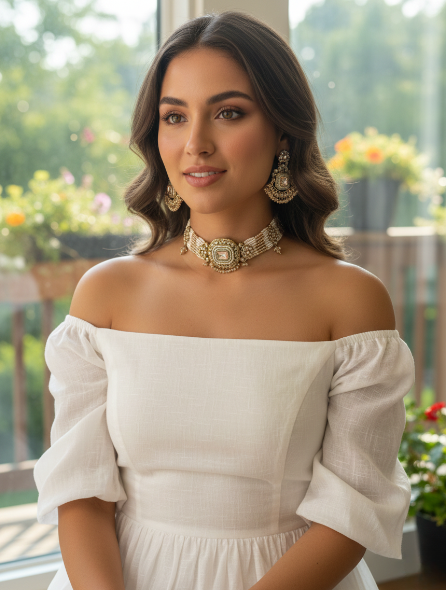 Handcrafted Kundan & Pearl Choker Set – Vintage Hyderabadi Jadau Jewelry with Rose Quartz Healing Stone