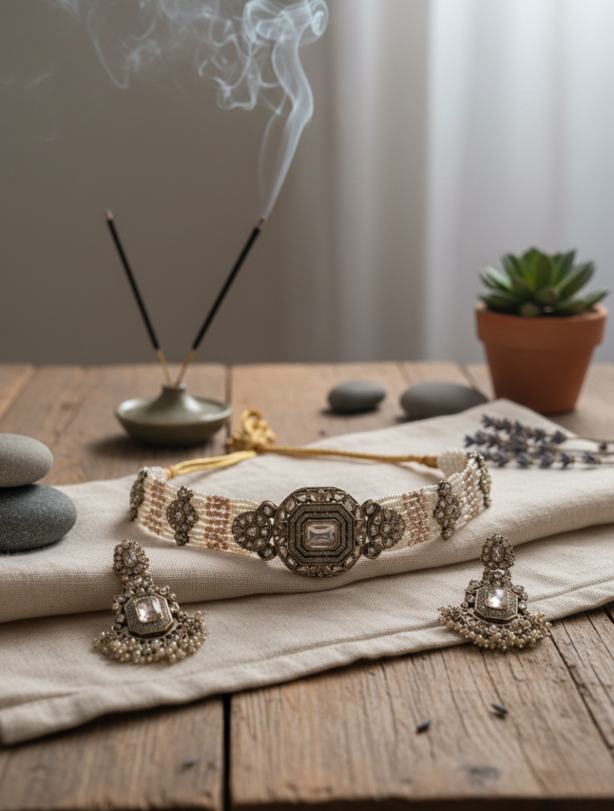 Handcrafted Kundan & Pearl Choker Set – Vintage Hyderabadi Jadau Jewelry with Rose Quartz Healing Stone
