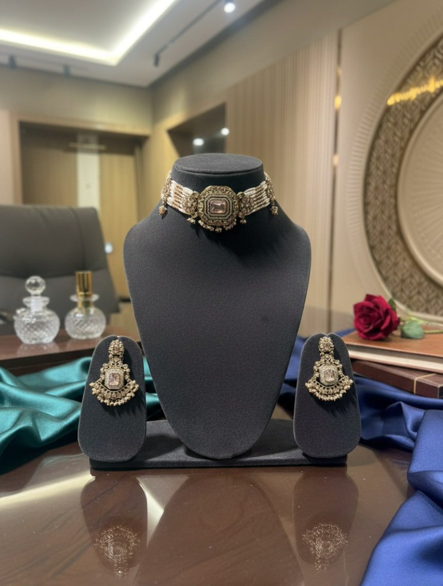 Handcrafted Kundan & Pearl Choker Set – Vintage Hyderabadi Jadau Jewelry with Rose Quartz Healing Stone