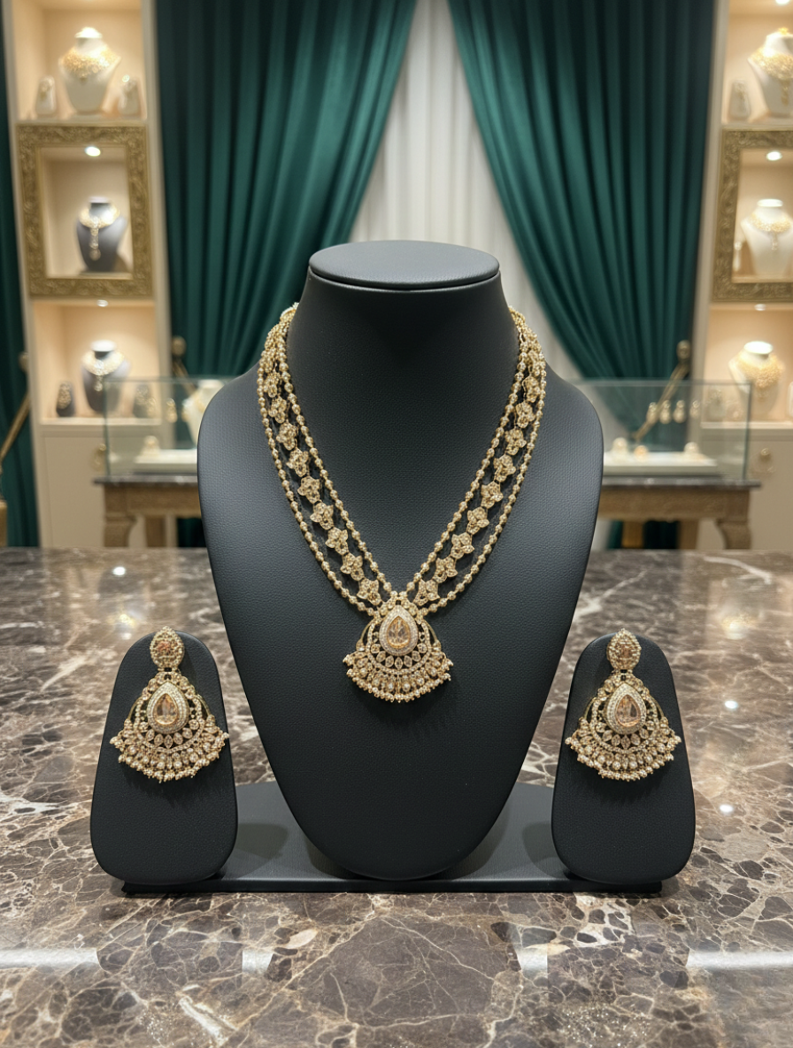 Imperial Heritage Handcrafted Rani Haar – Champagne Kundan & Seed Pearl Layered Jewelry Set