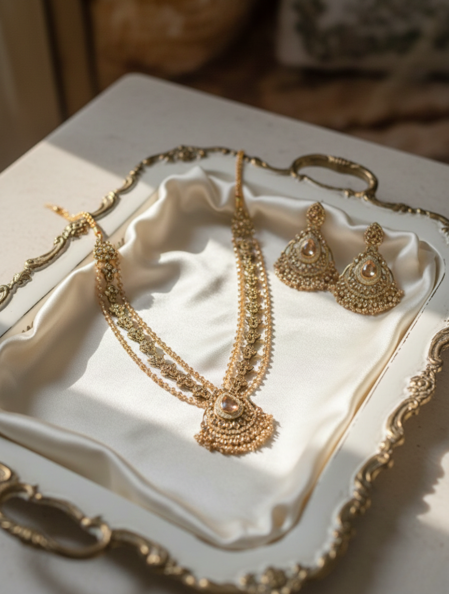 Imperial Heritage Handcrafted Rani Haar – Champagne Kundan & Seed Pearl Layered Jewelry Set