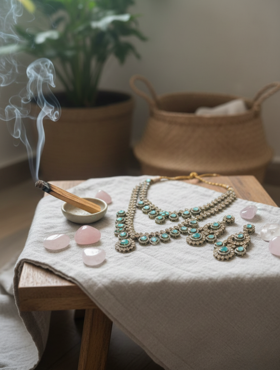 Empress of the Sea | Handcrafted Aquamarine Polki Layered Necklace & Chandbali Set