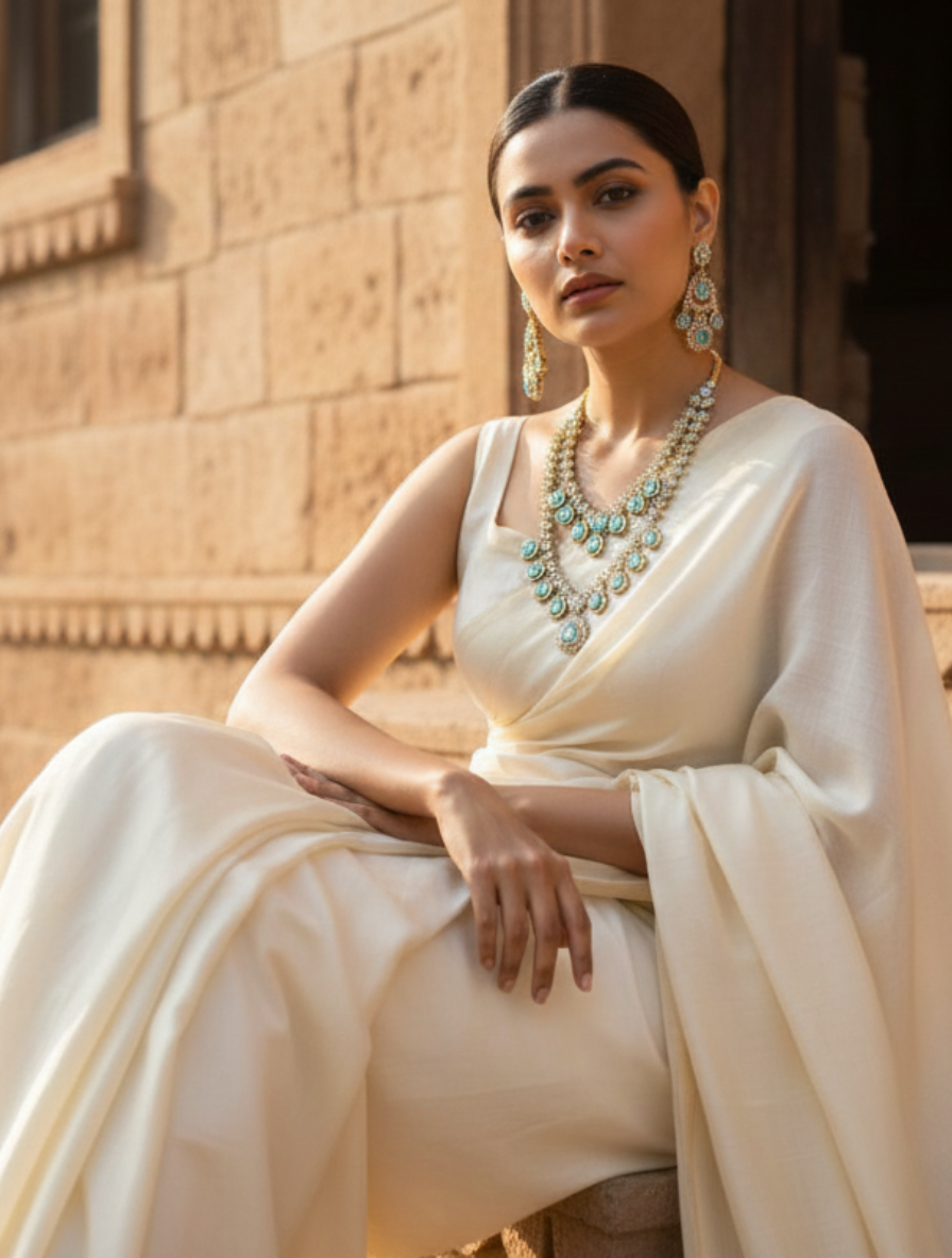 Empress of the Sea | Handcrafted Aquamarine Polki Layered Necklace & Chandbali Set