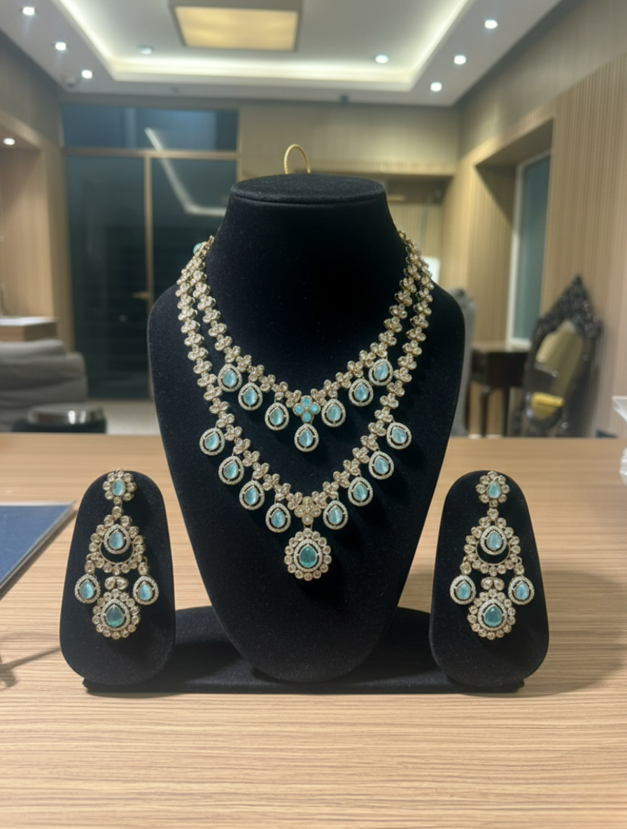 Empress of the Sea | Handcrafted Aquamarine Polki Layered Necklace & Chandbali Set