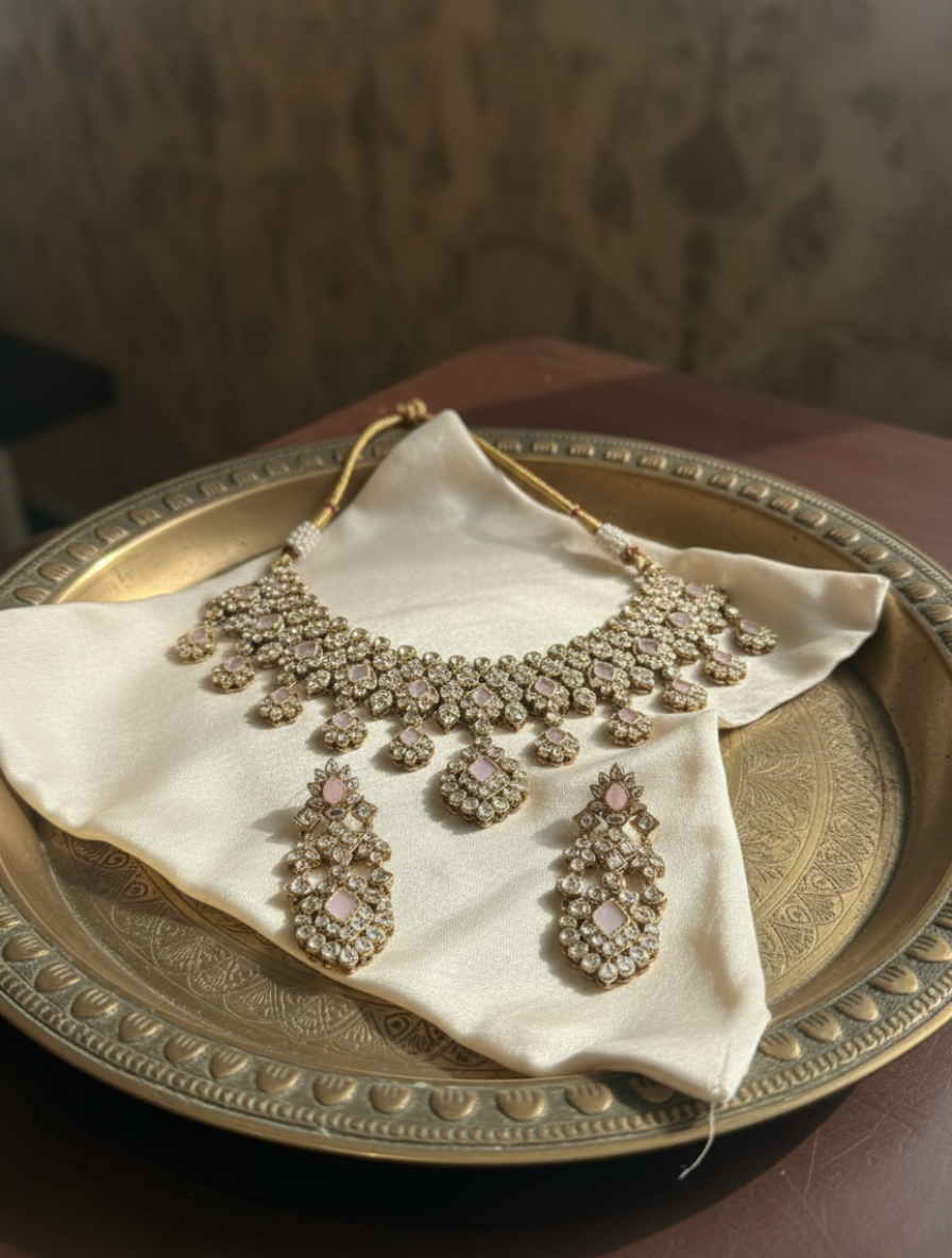 Handcrafted Blush-Tinted Kundan Choker Set – Traditional Polki-Style Necklace with Rose Quartz Healing Stones