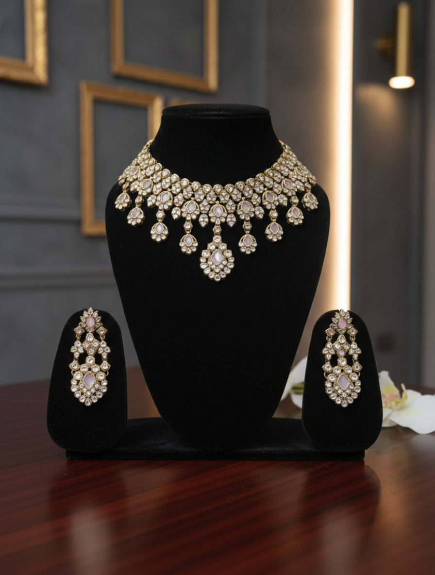 Handcrafted Blush-Tinted Kundan Choker Set – Traditional Polki-Style Necklace with Rose Quartz Healing Stones