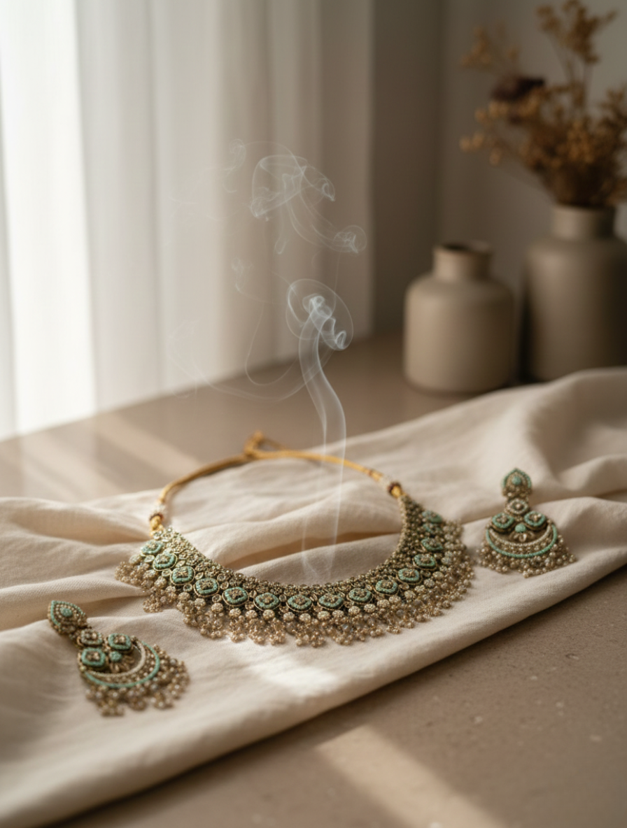 Heritage Mint & Polki Choker Set – Handcrafted Meenakari Chandbalis with Natural Amazonite