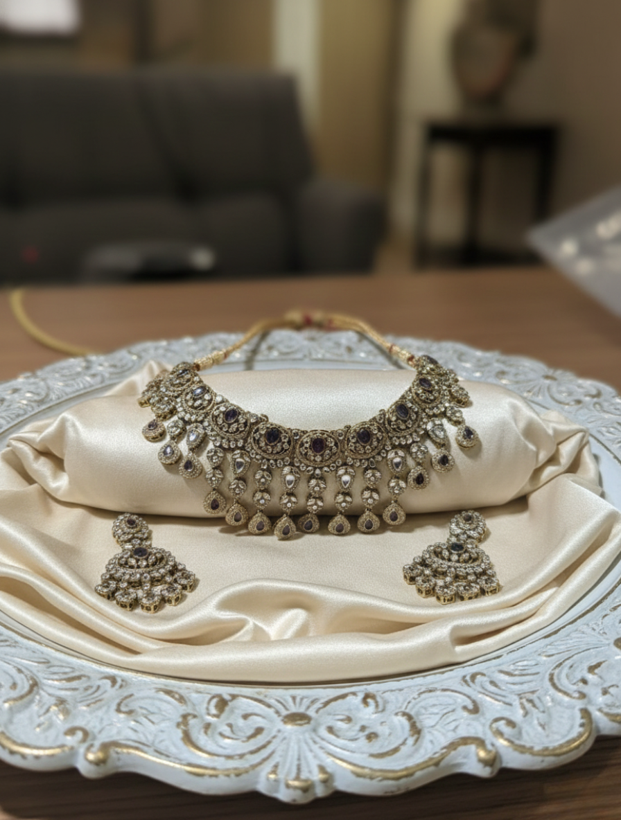 Empress Heritage Handcrafted Kundan Choker Set with Amethyst Accents & Polki Drops