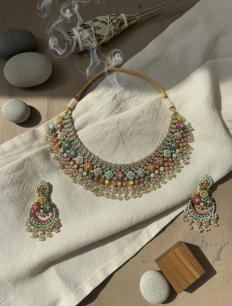Handcrafted Multicolored Jadau Choker Set with Healing Stones and Seed Pearl Drops