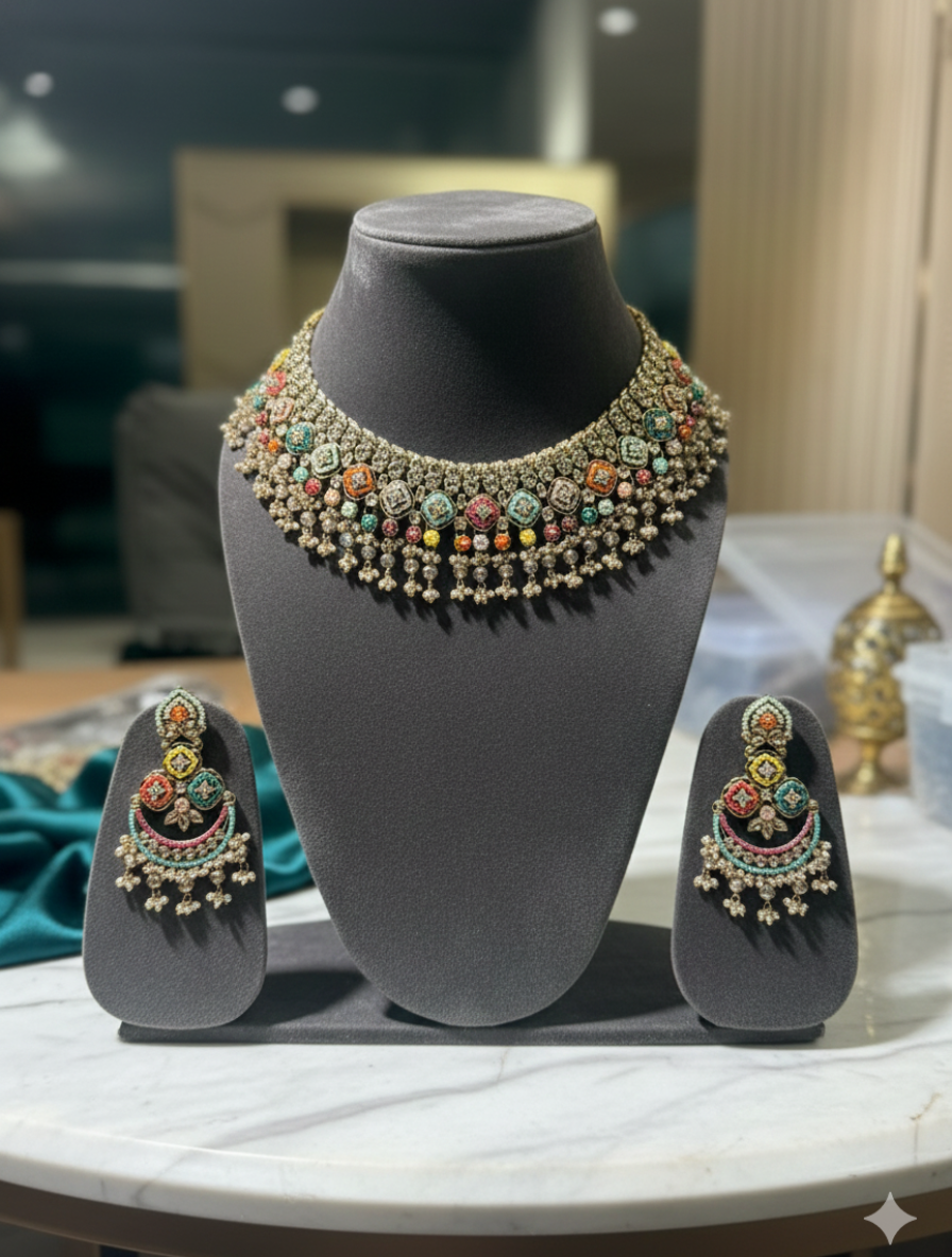 Handcrafted Multicolored Jadau Choker Set with Healing Stones and Seed Pearl Drops