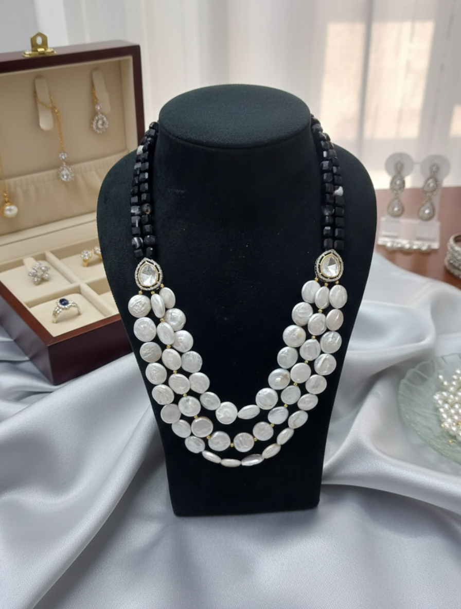 Coin Pearl & Black Onyx Statement Necklace
