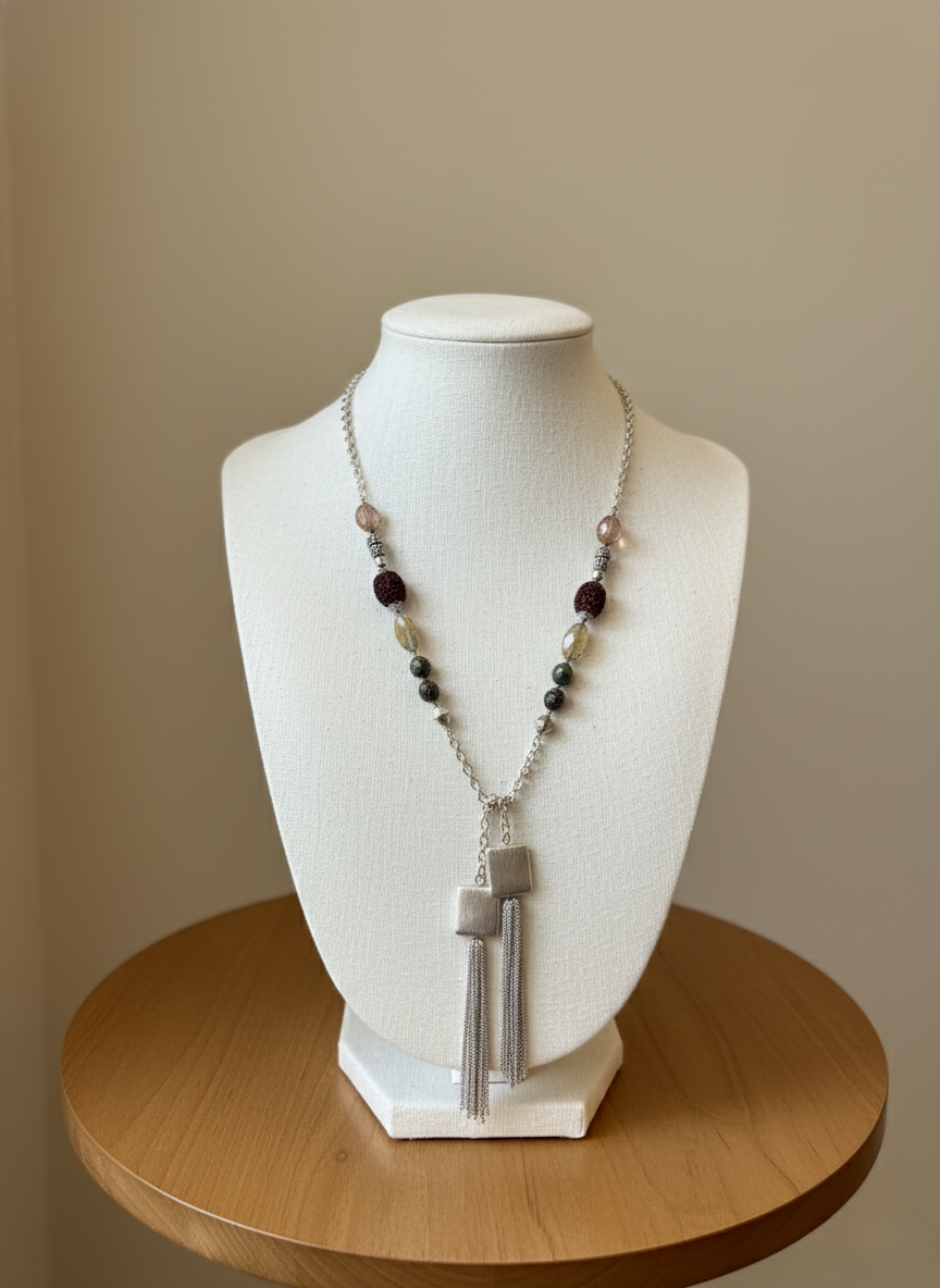 Silver Tassel Lariat Necklace with Natural Gemstone Beads
