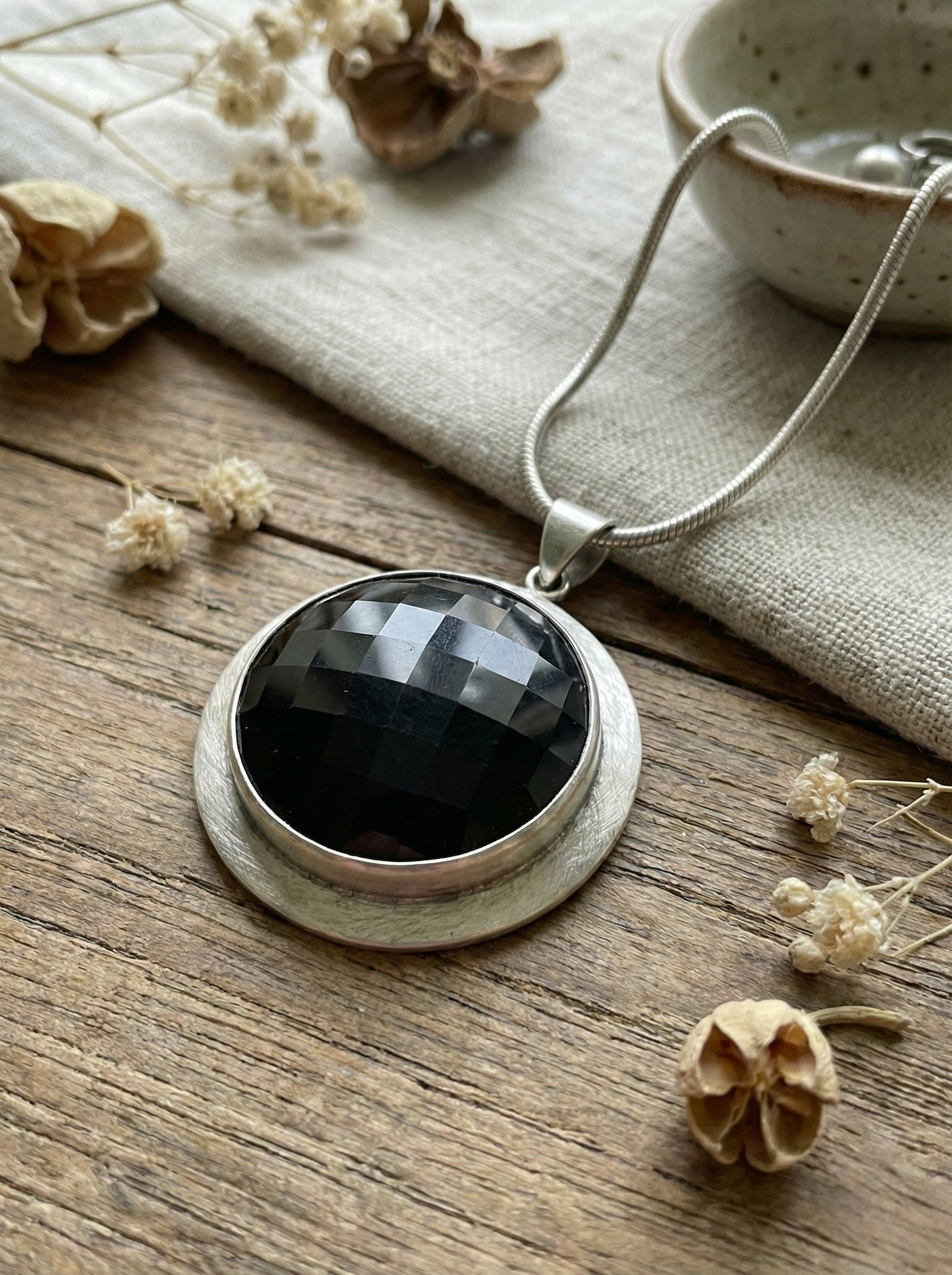 Dark Smoky Quartz & Silver Shield Pendant