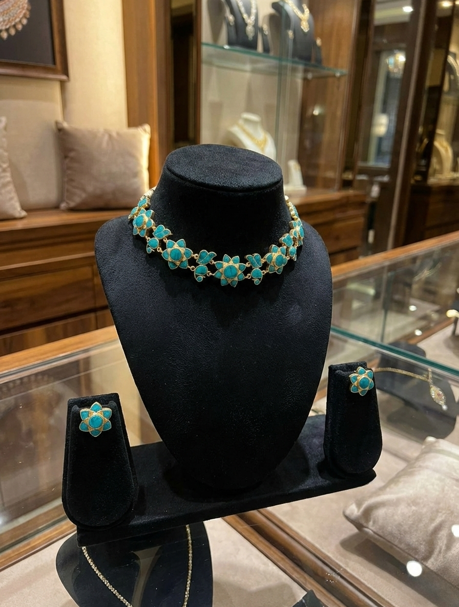 Azure Blossom: Pure Turquoise Choker & Earring Set