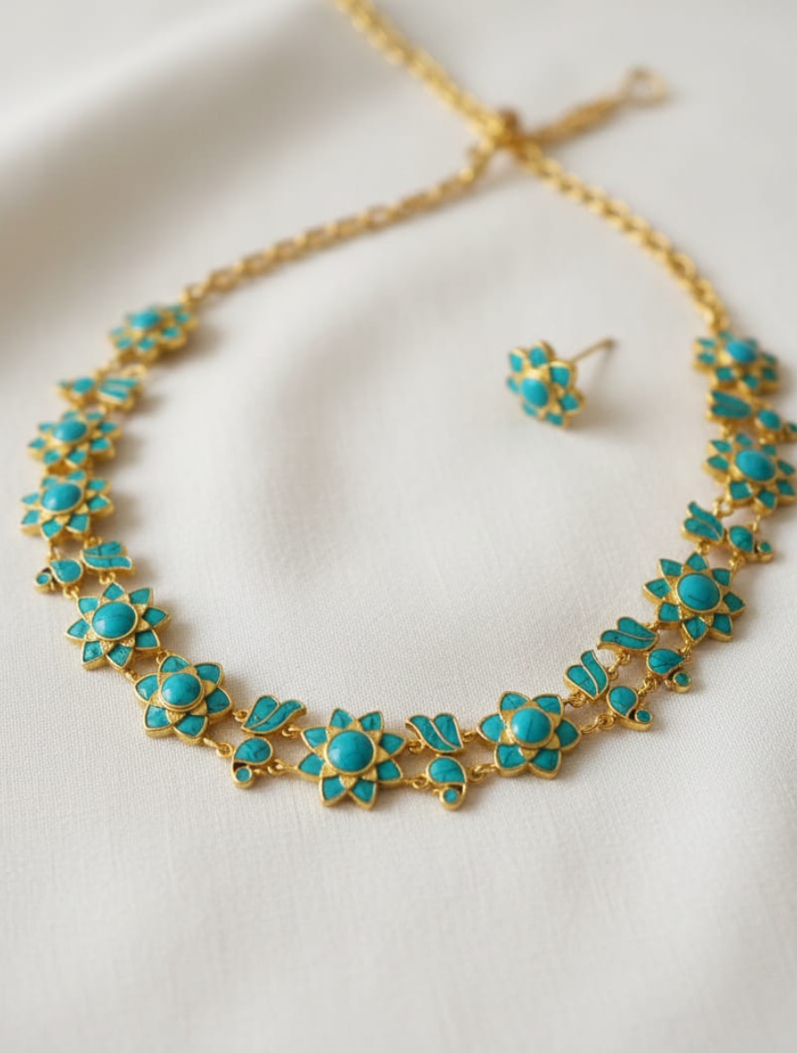 Azure Blossom: Pure Turquoise Choker & Earring Set