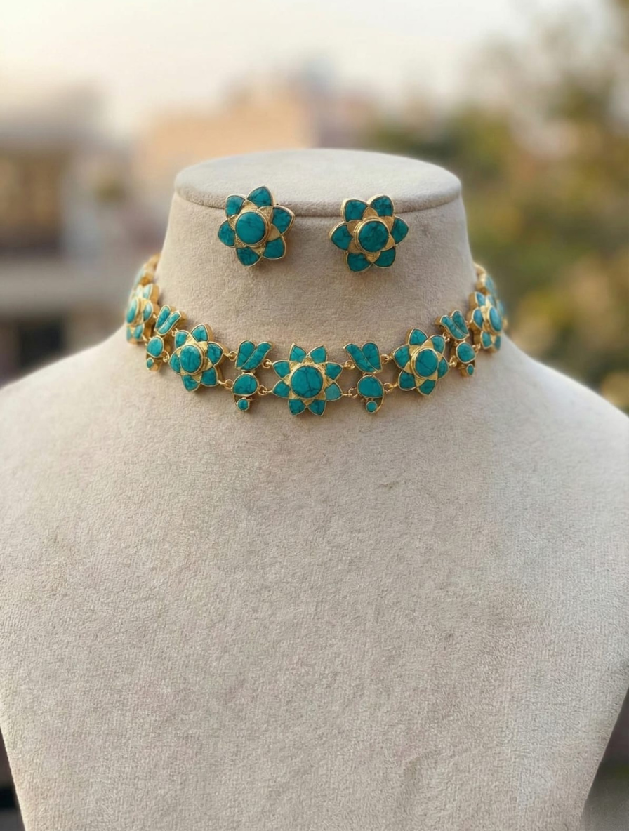 Azure Blossom: Pure Turquoise Choker & Earring Set