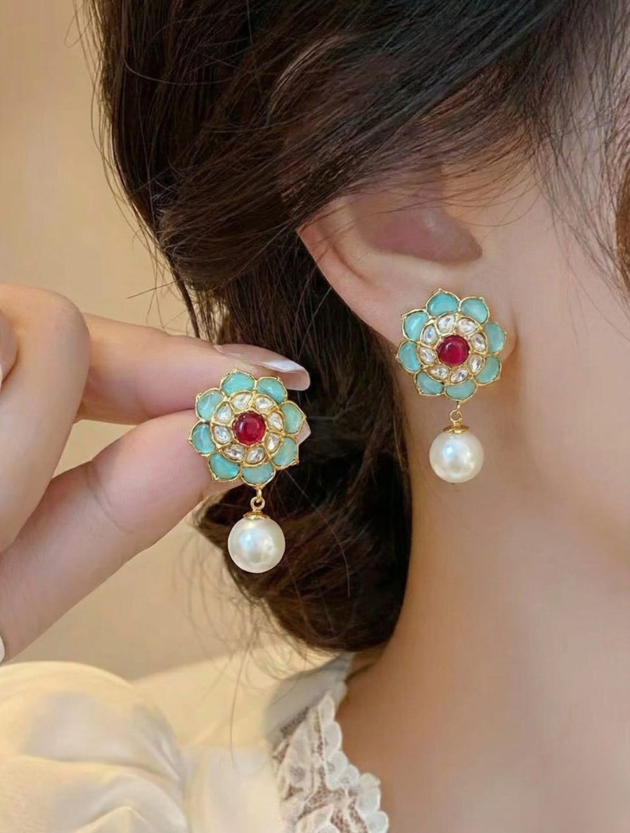 Floral Radiance: Pure Ruby & Pearl Blossom Drops