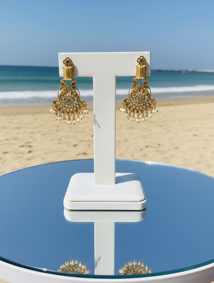 Handcrafted 22K Gold Plated 92.5 Sterling Silver Chandbali Jhumkas with Natural Jade & Seed Pearls