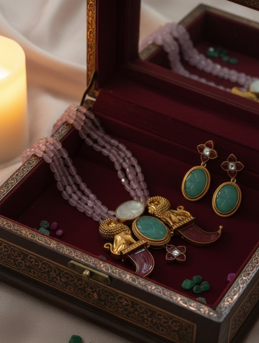 Handcrafted Heritage "Roaring Majesty" Mala Set – Carved Green Onyx & Pink Quartz Tiger Claw Necklace