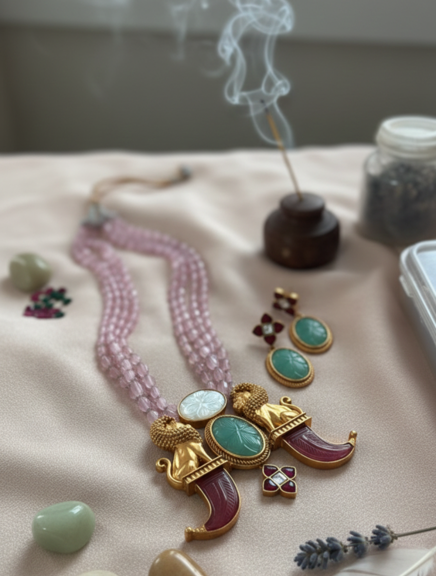 Handcrafted Heritage "Roaring Majesty" Mala Set – Carved Green Onyx & Pink Quartz Tiger Claw Necklace