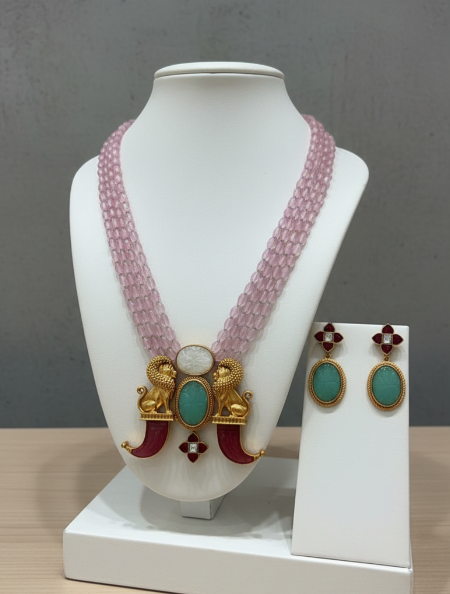 Handcrafted Heritage "Roaring Majesty" Mala Set – Carved Green Onyx & Pink Quartz Tiger Claw Necklace