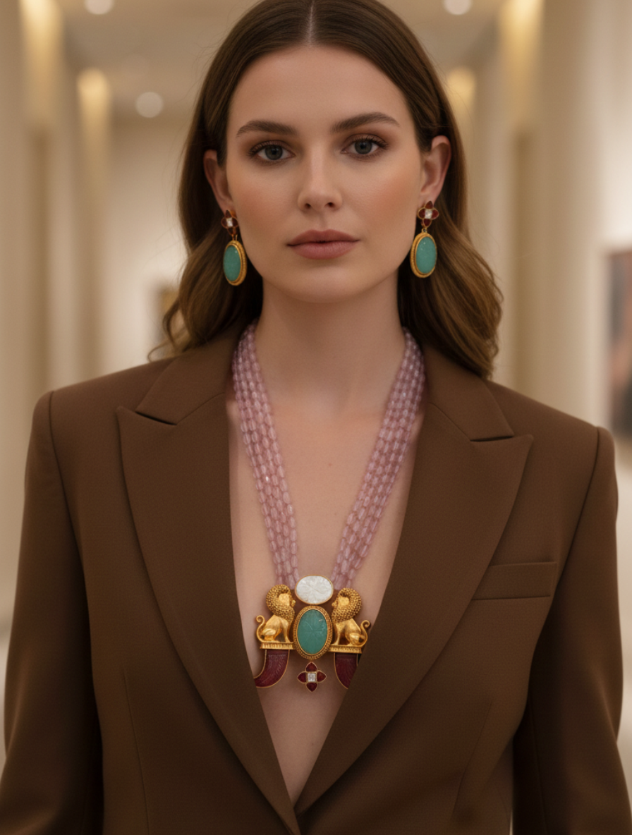 Handcrafted Heritage "Roaring Majesty" Mala Set – Carved Green Onyx & Pink Quartz Tiger Claw Necklace