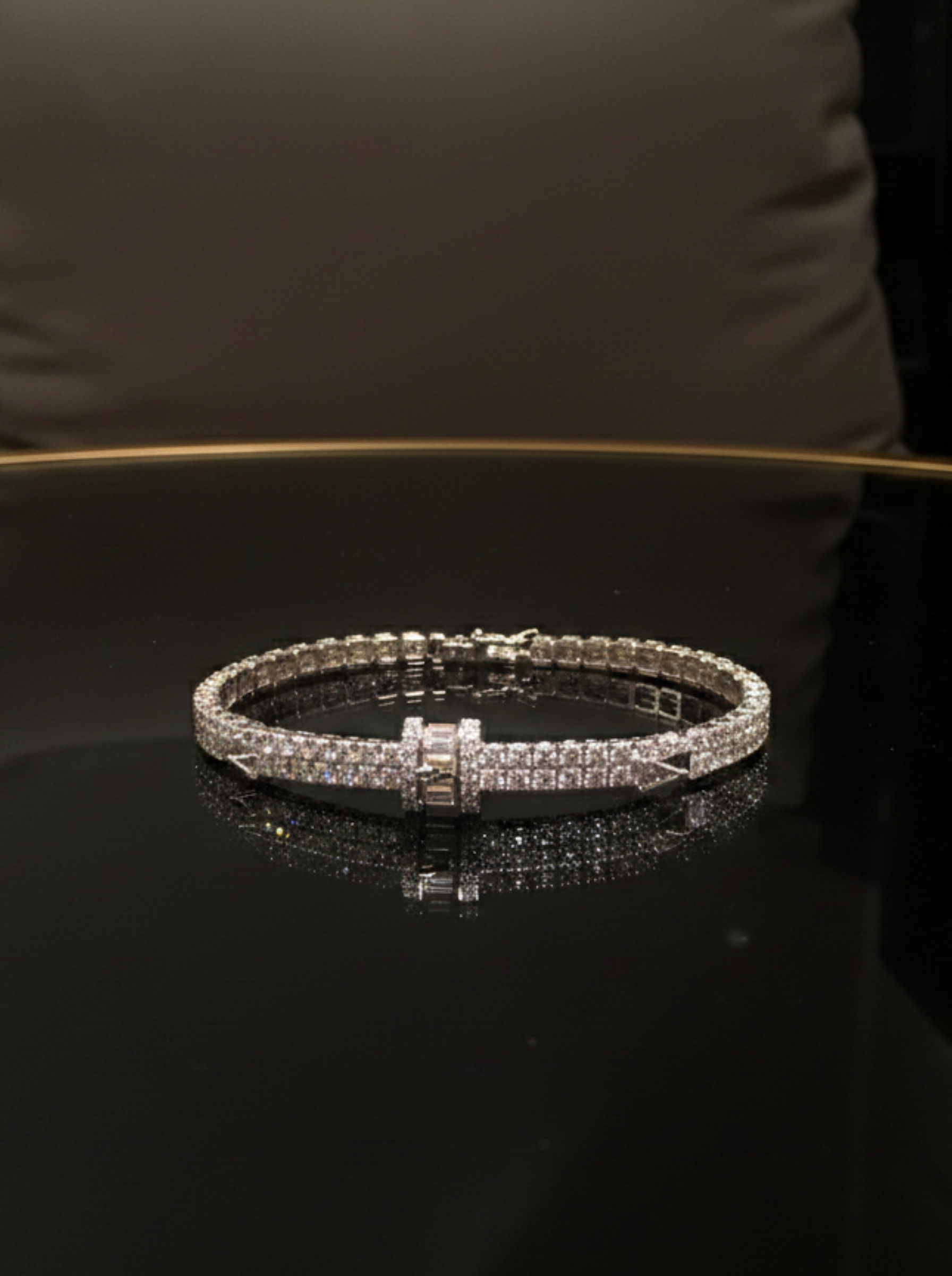 Handcrafted Double-Row Diamond Tennis Bracelet with Baguette Barrel in Pure 95.2 Silver