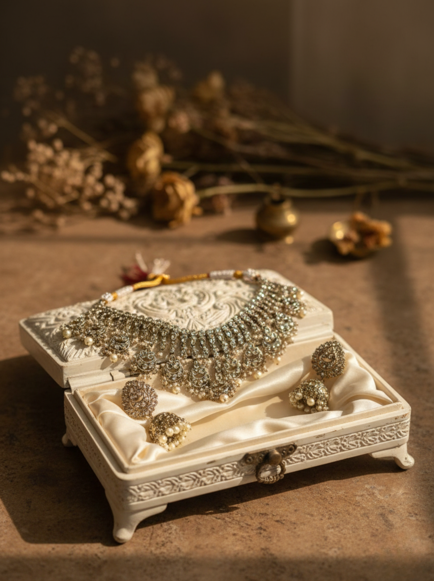 Handcrafted Antique Gold Polki Choker & Jhumka Set – Traditional Pearl Fringe Necklace for Bridal & Festive Wear