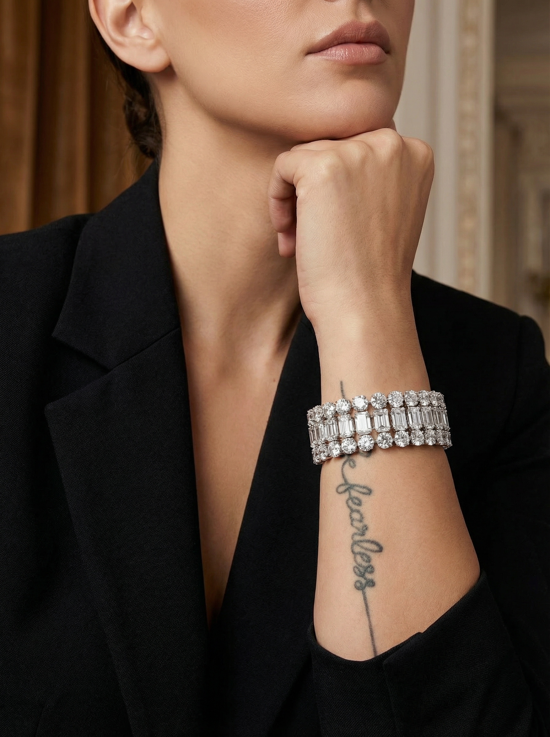 Handcrafted Triple-Row Empress Tennis Bracelet – Emerald & Round Cut Hybrid