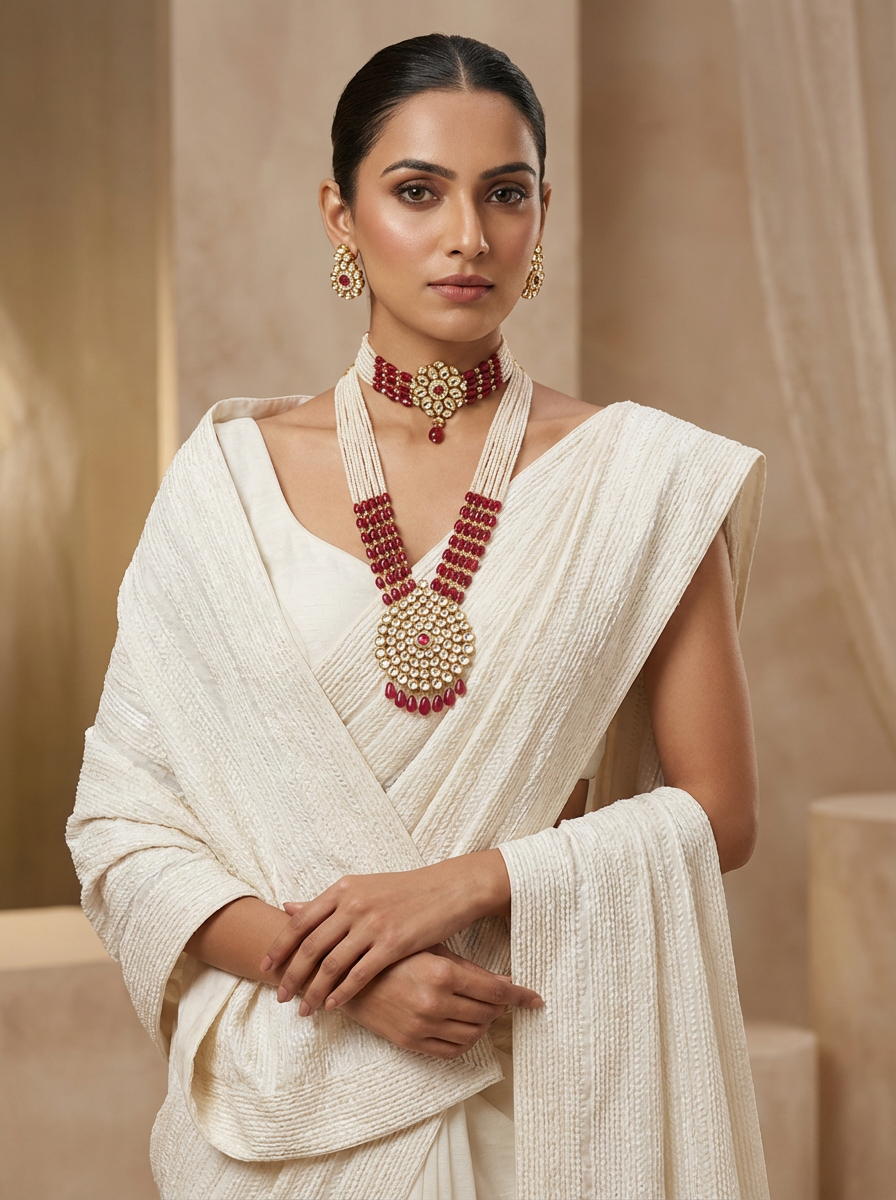 Empress Handcrafted Jadau Kundan Set – Layered Seed Pearl & Ruby Red Bead Necklace with Matching Choker & Earrings