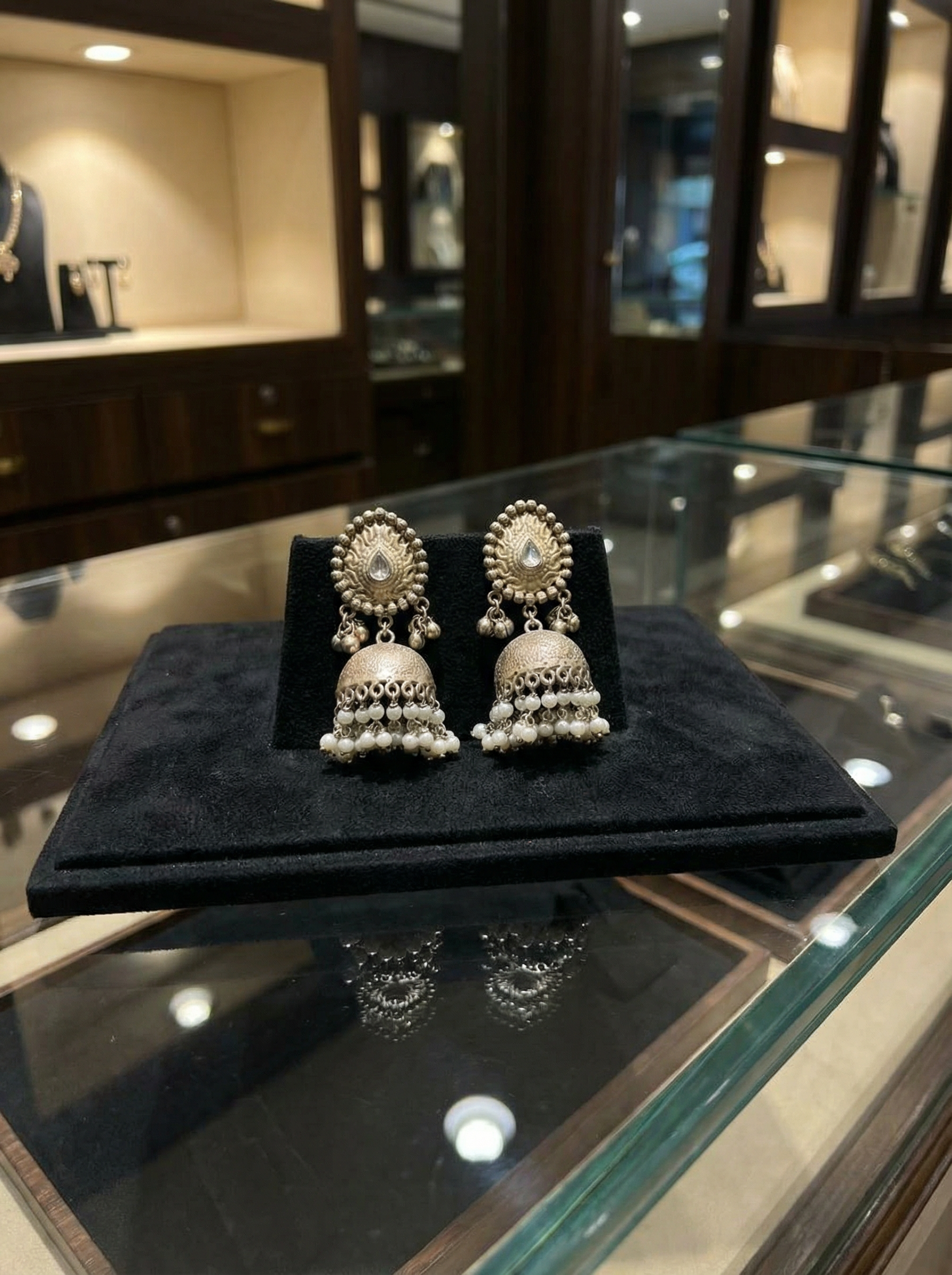 Antique Handcrafted Silver-Tone Jhumka Earrings with Pearl Clusters