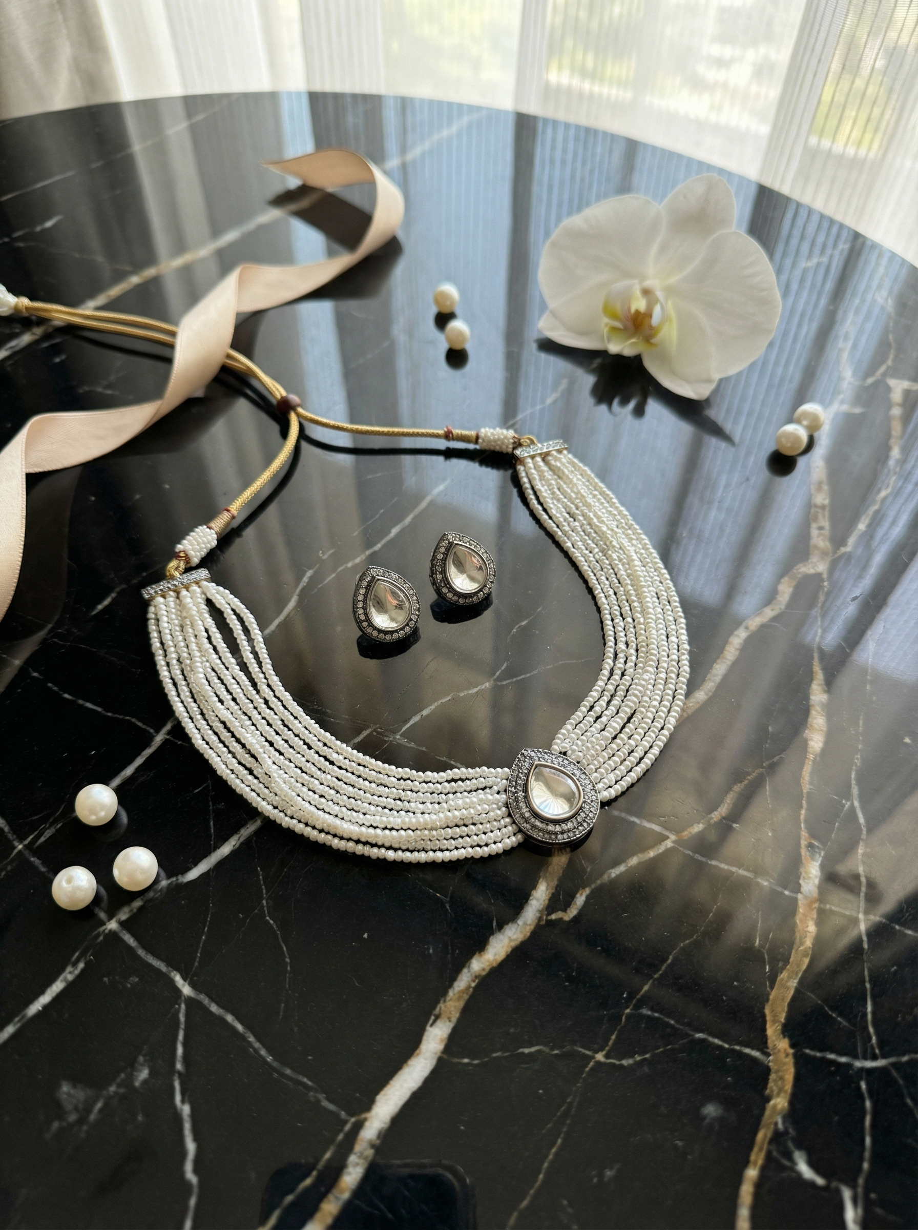 Handcrafted Polki & Seed Pearl Choker Set with Teardrop Medallion