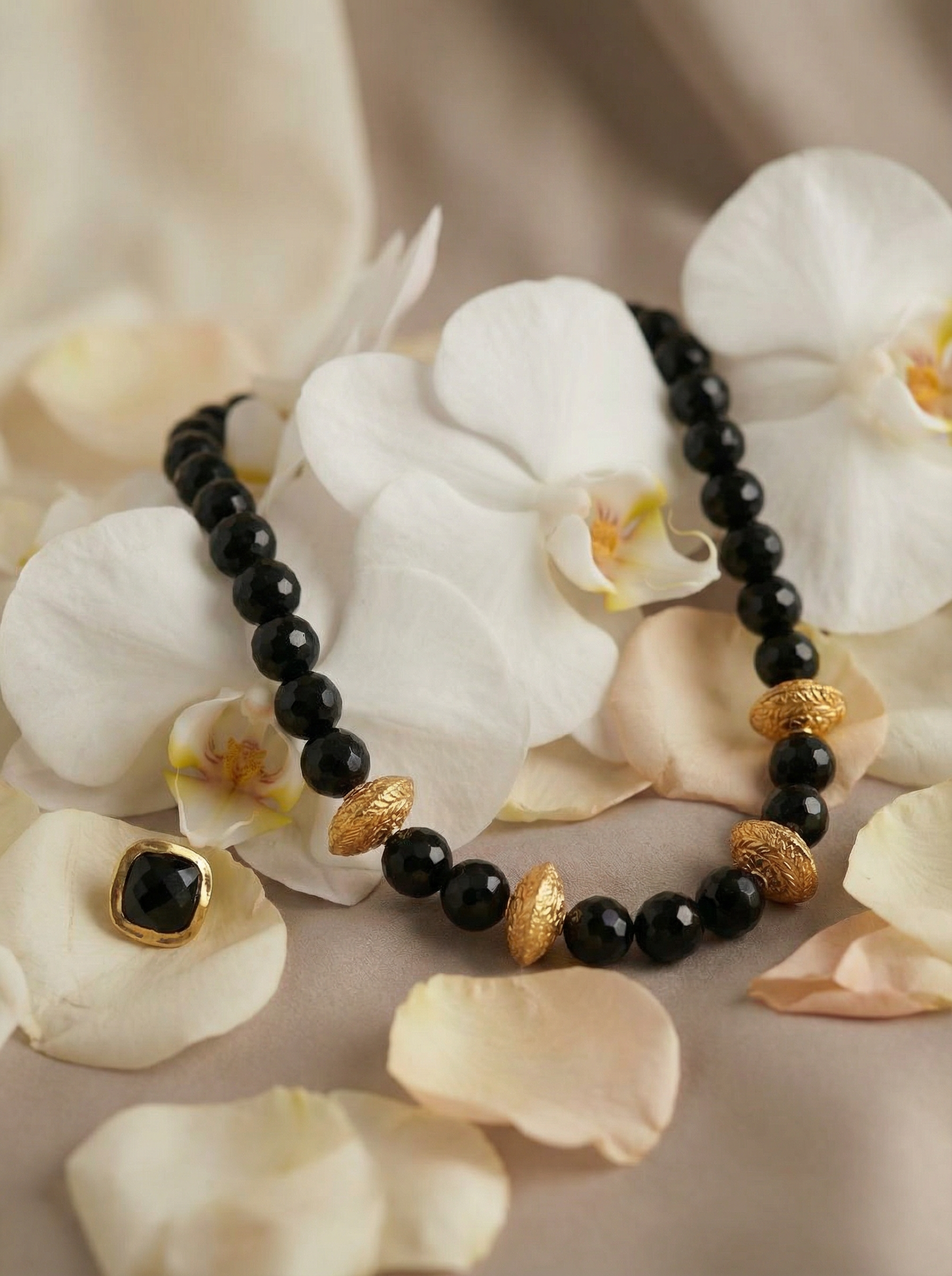 Handcrafted Onyx & Gilded Texture Statement Necklace & Earring Set