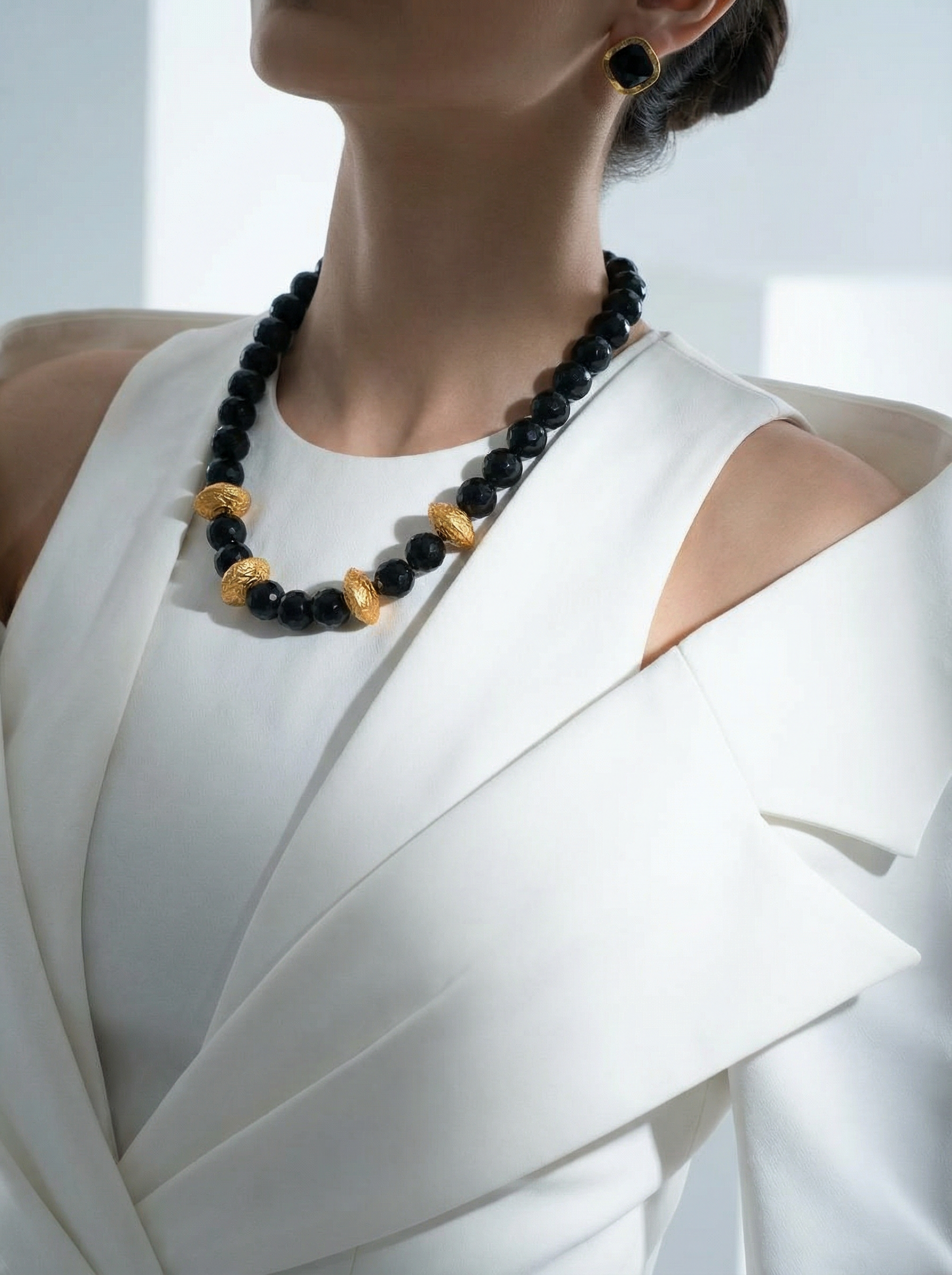 Handcrafted Onyx & Gilded Texture Statement Necklace & Earring Set