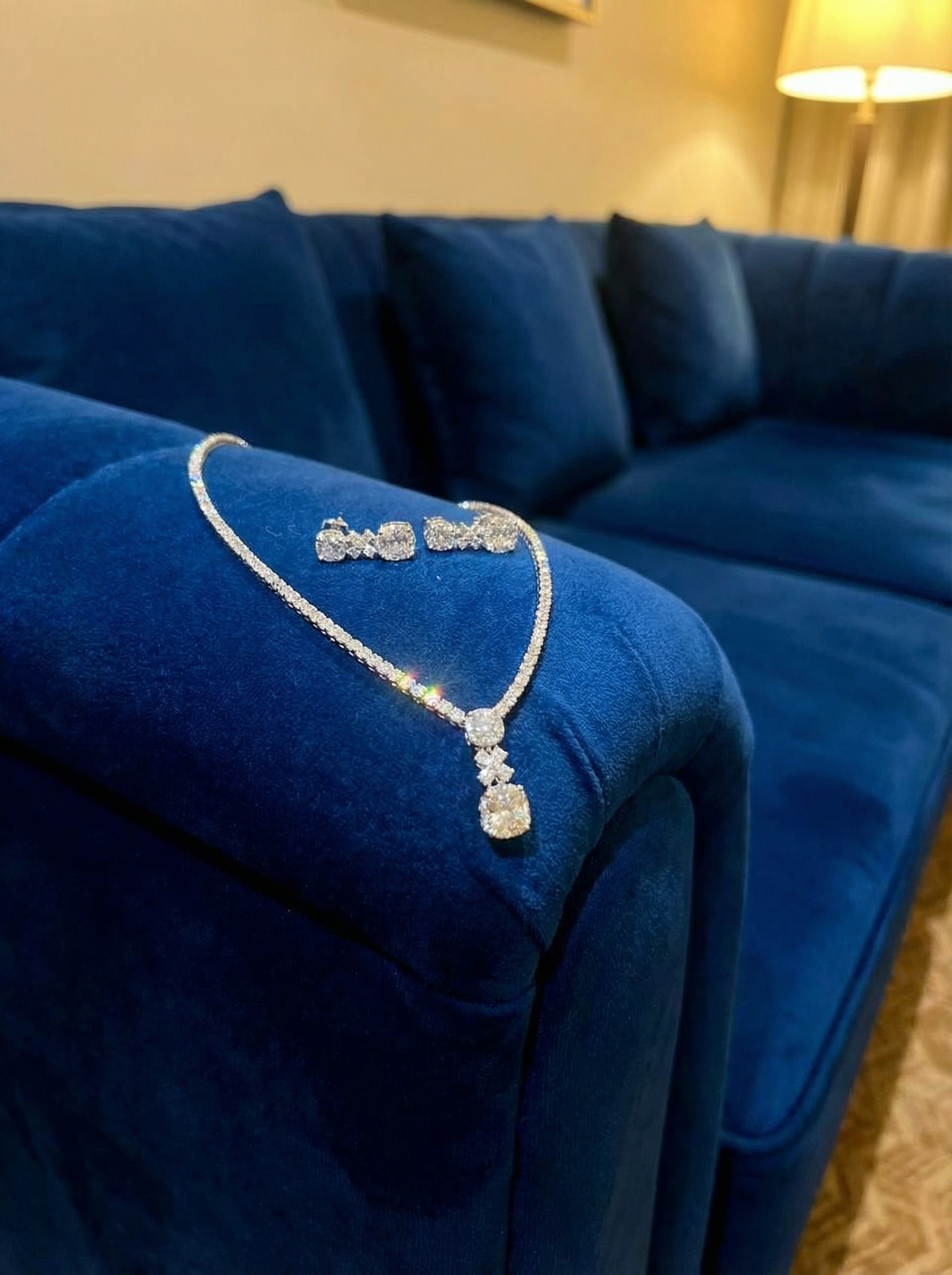 Handcrafted Radiant-Cut Diamond Drop Necklace & Chandelier Earring Set in 18K White Gold